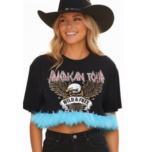 Wilder Than Your Dreams Crop Top - Black with turquoise feather trim